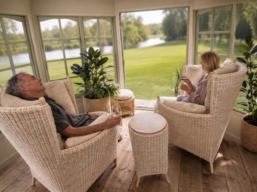 A couple relaxing in Jogya armchairs in a conservatory overlooking a river