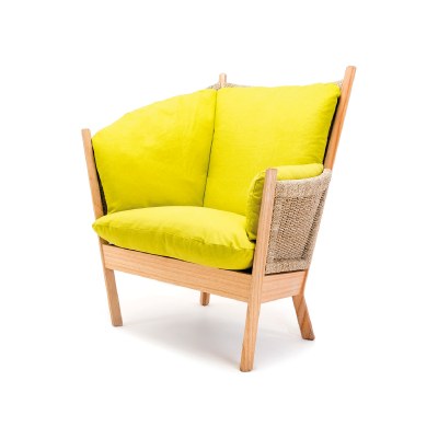Semarang armchair in Mindi wood and seagrass with yellow cushions